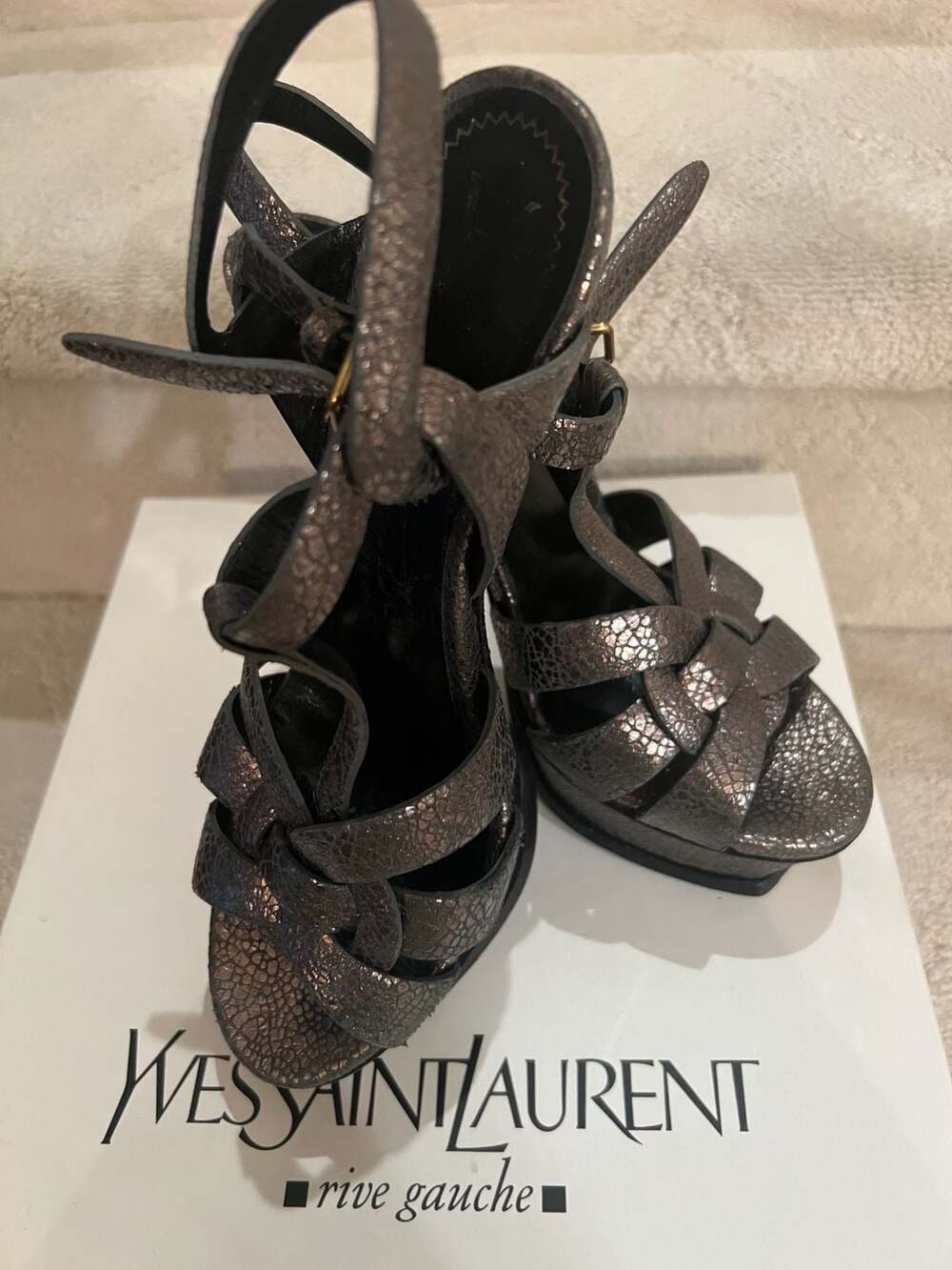 Saint Laurent YSL Metallic Tribute Platform Heels Sandals Gunmetal Grey 38 - NIB - Picture 2 of 6